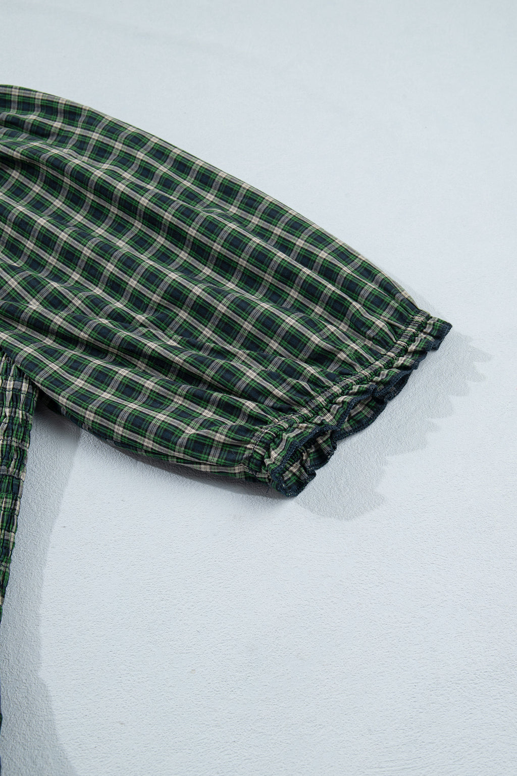 *Green Plaid Square Neck Shirred High Waist Ruffle Hem Dress