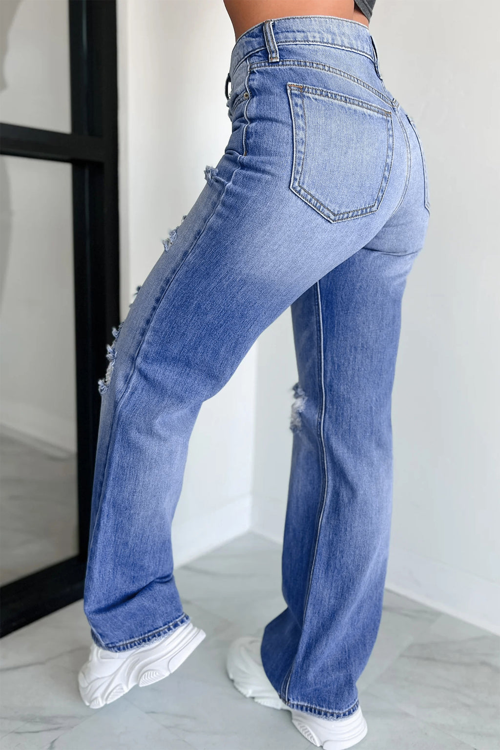 *Myosotis Mid Rise Distressed Sneak Peek Straight Leg Jeans