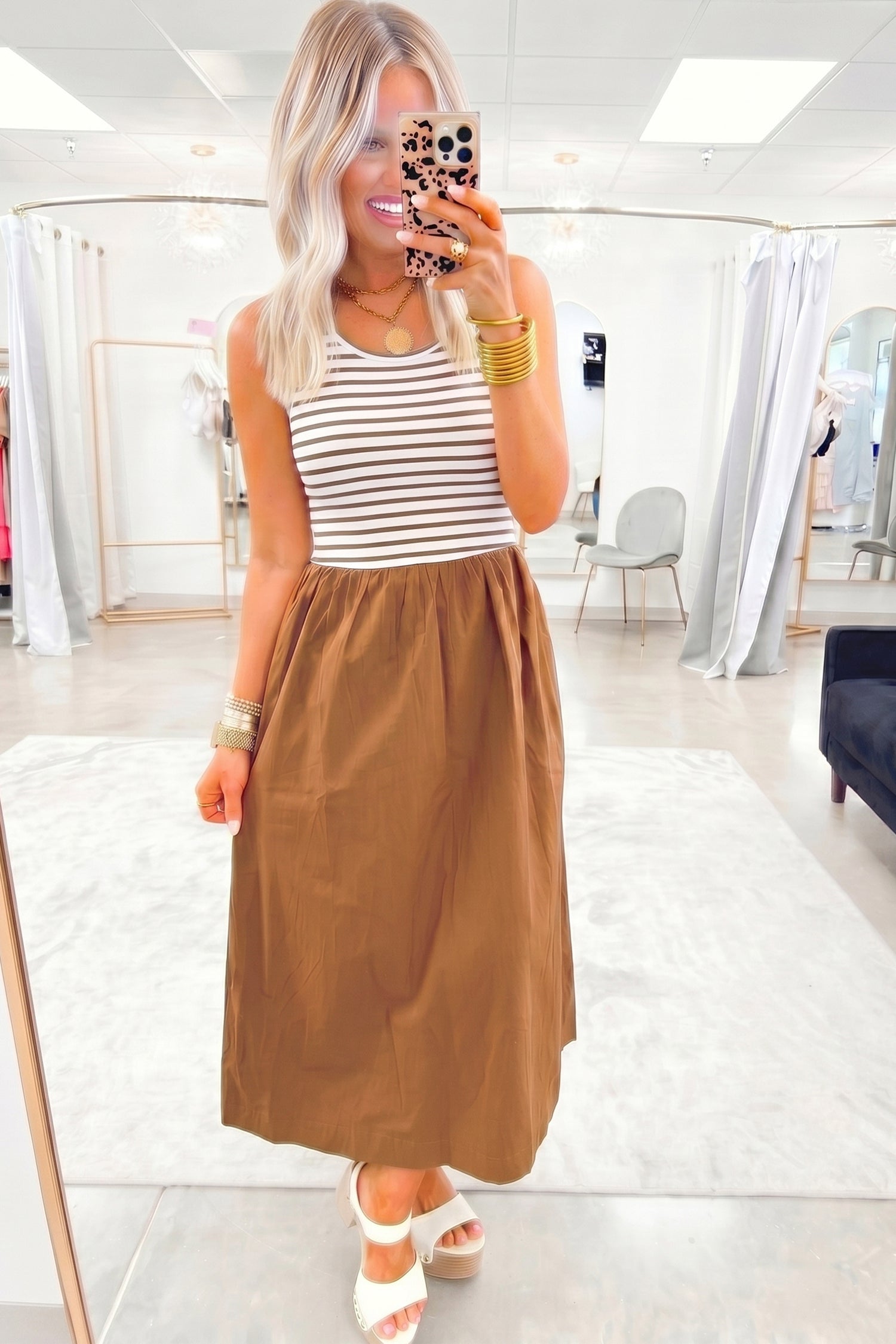 *Chestnut Striped Colorblock Patchwork Sleeveless Casual Long Dress