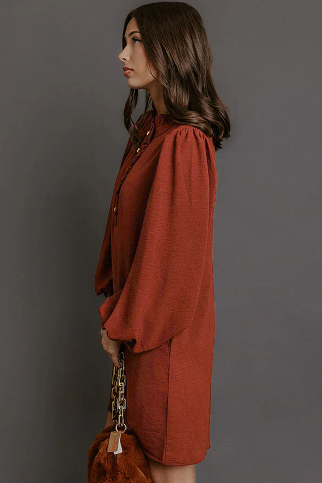 *Coffee Solid Shift Long Sleeve Short Length One Piece Dress