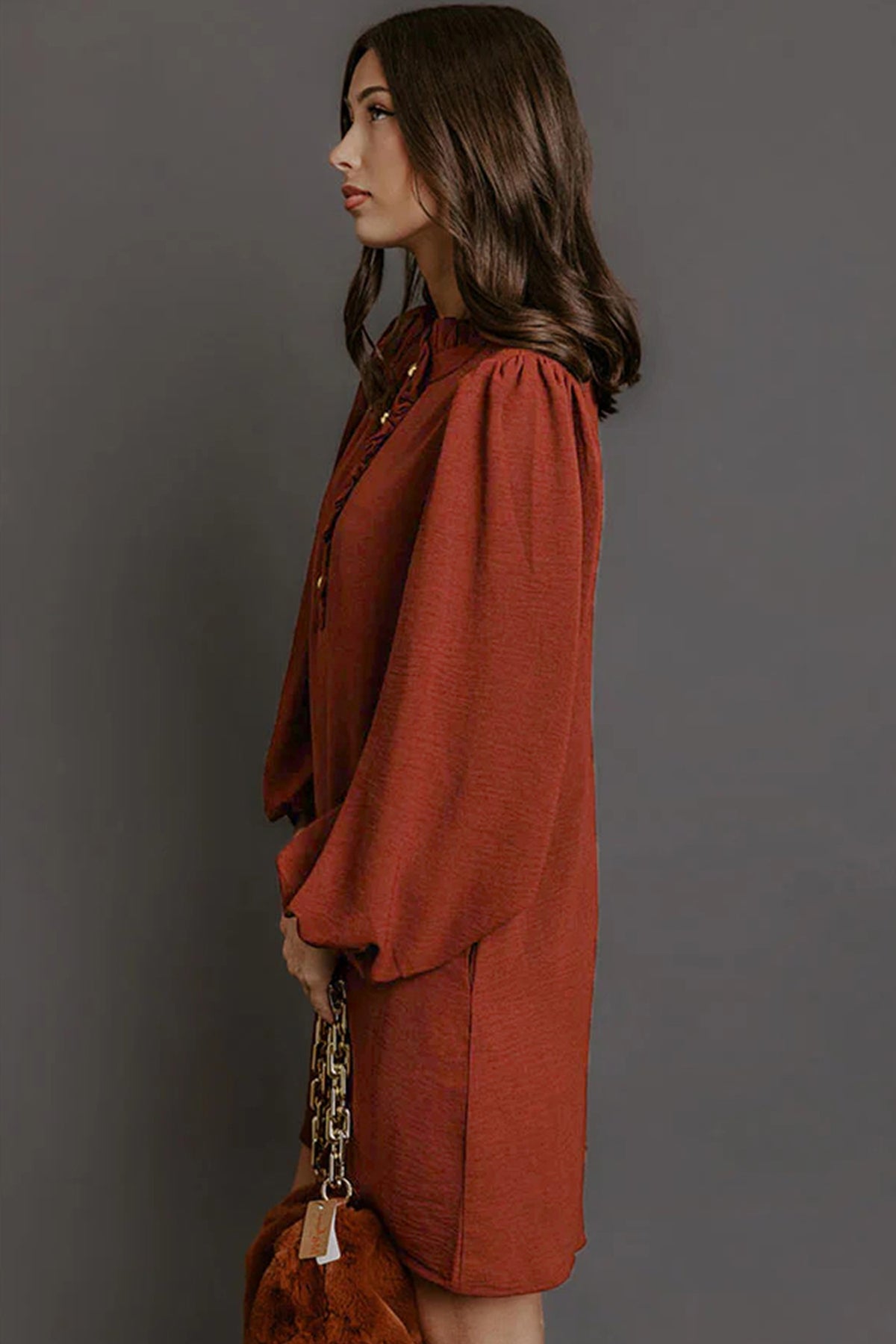 *Coffee Solid Shift Long Sleeve Short Length One Piece Dress