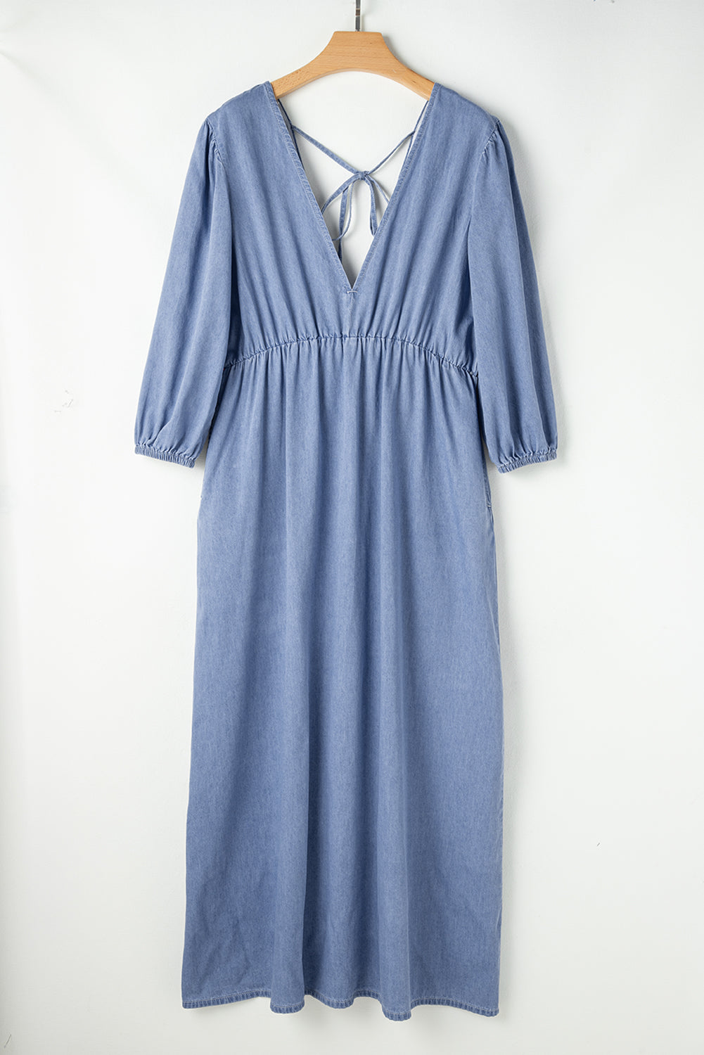 *Myosotis Chambray Deep V Neck Bracelet Sleeve Maxi Dress