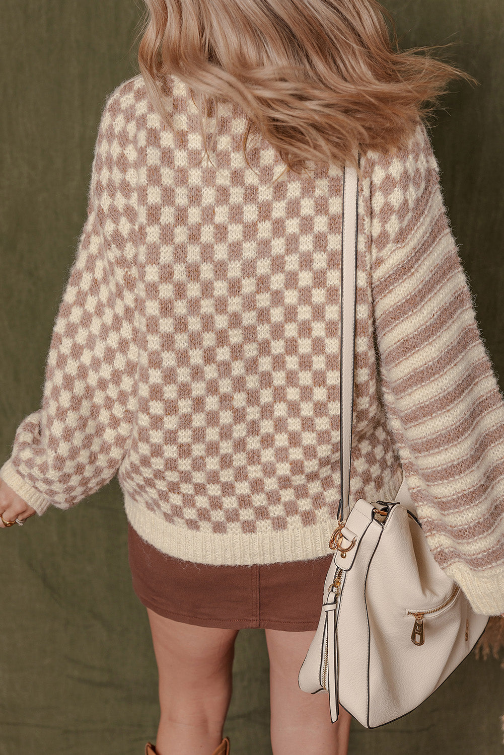 *Khaki Stripe Checkerboard Drop Shoulder Balloon Sleeve Sweater