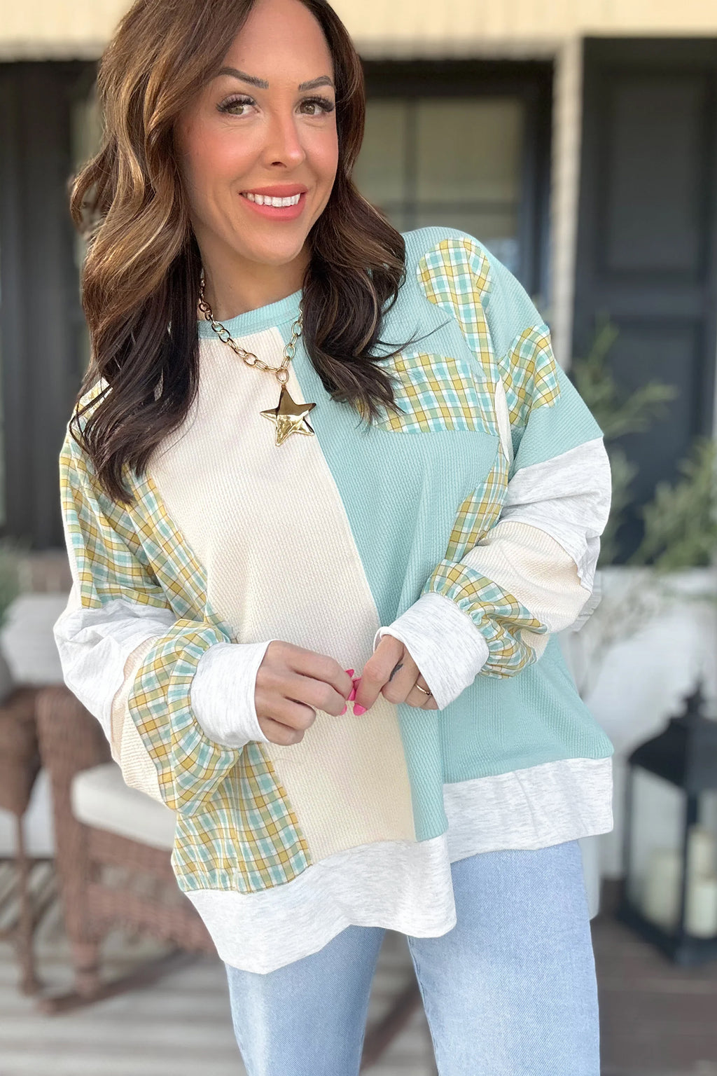 *Light Blue Plaid Patchwork Round Neck Long Sleeve Top
