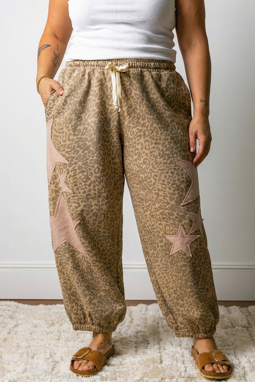 *Khaki Plus Size Leopard Print Western Star Patched Jogger Pants