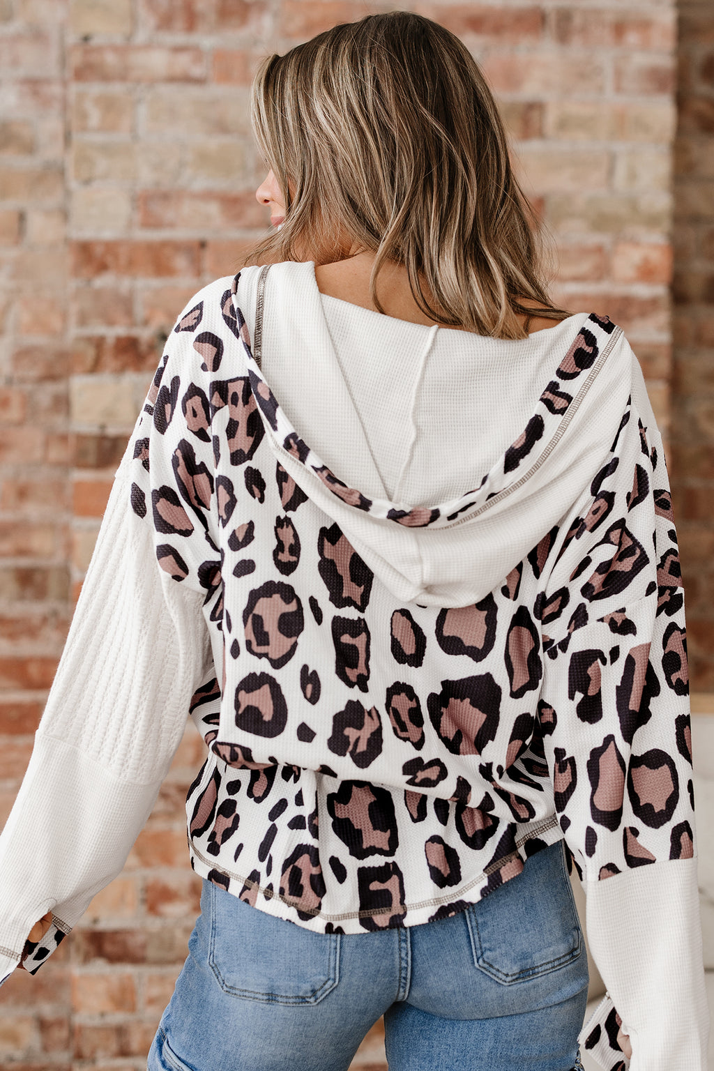 *Apricot Oversized Leopard Contrast Mixed Texture Patchwork Zip Up Drop Shoulder Hoodie