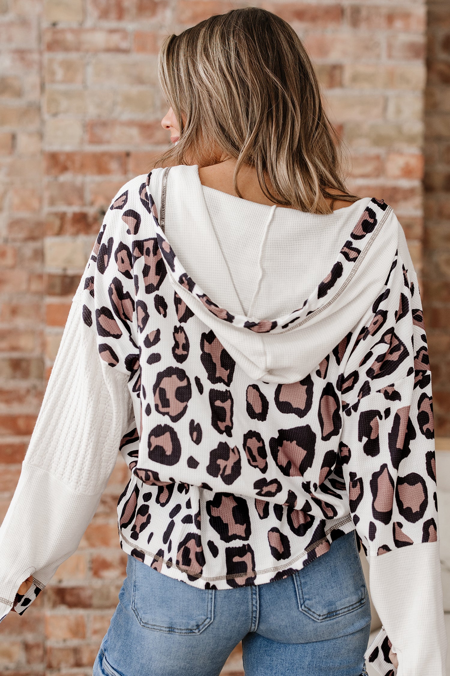 *Apricot Oversized Leopard Contrast Mixed Texture Patchwork Zip Up Drop Shoulder Hoodie