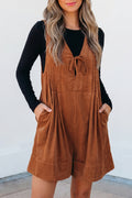 *Cinnamon Solid Color Tie V Neck Sleeveless Corduroy Romper