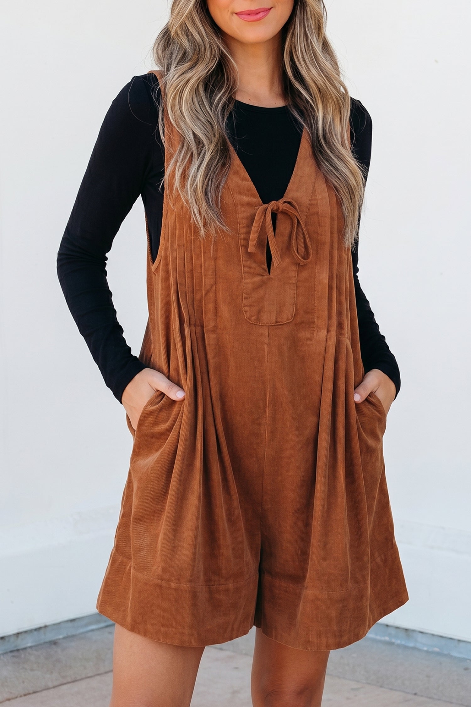 *Cinnamon Solid Color Tie V Neck Sleeveless Corduroy Romper