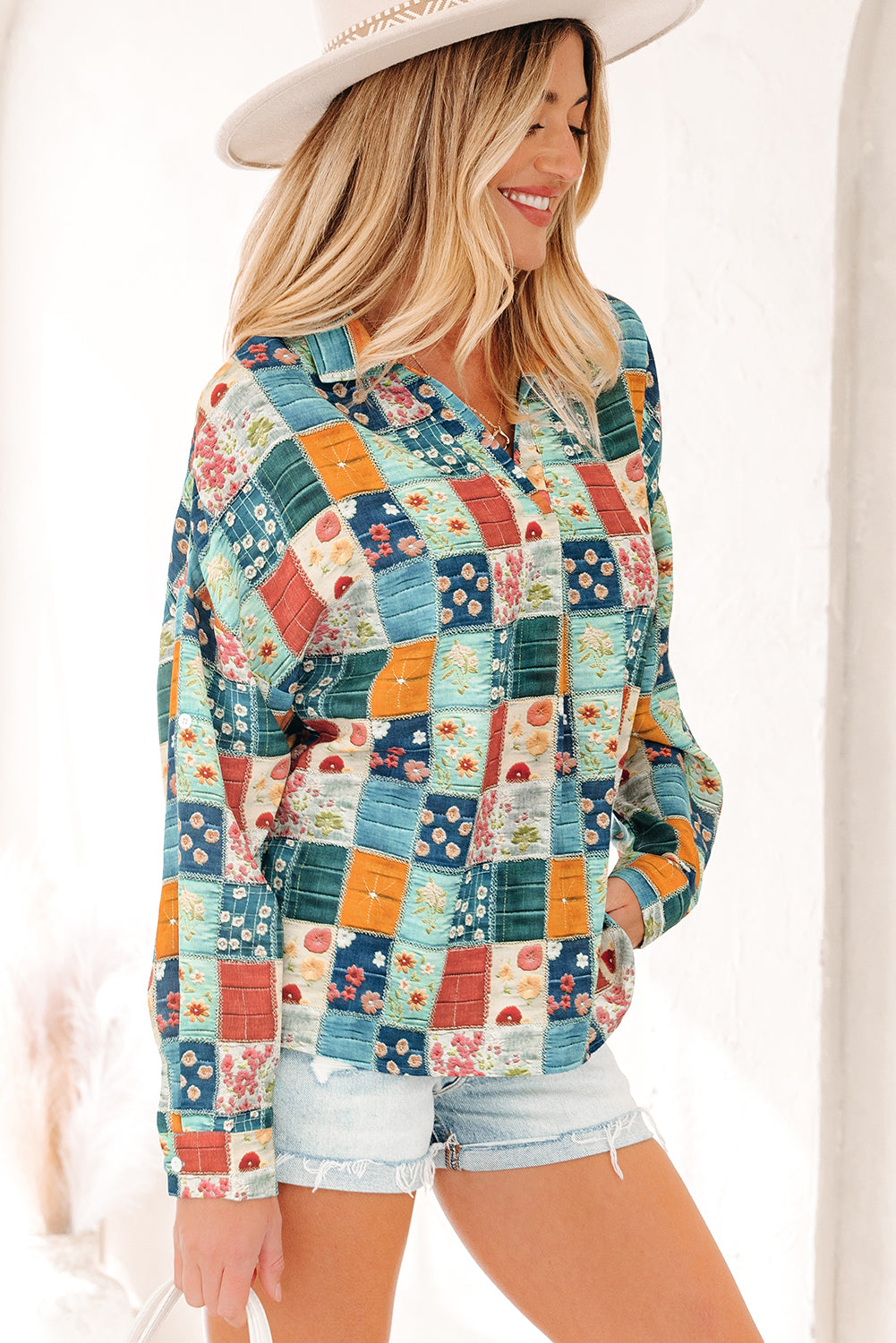 *Sky Blue Floral Collared V Neck Roll up Sleeve Shift Blouse