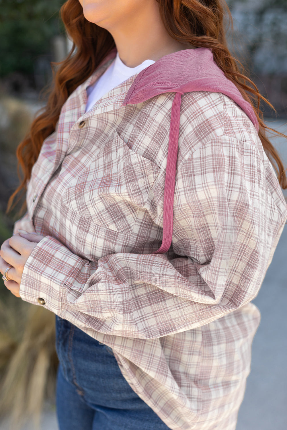 *Bonbon Plaid Print Drawstring Hooded Button-up Plus Size Shirt