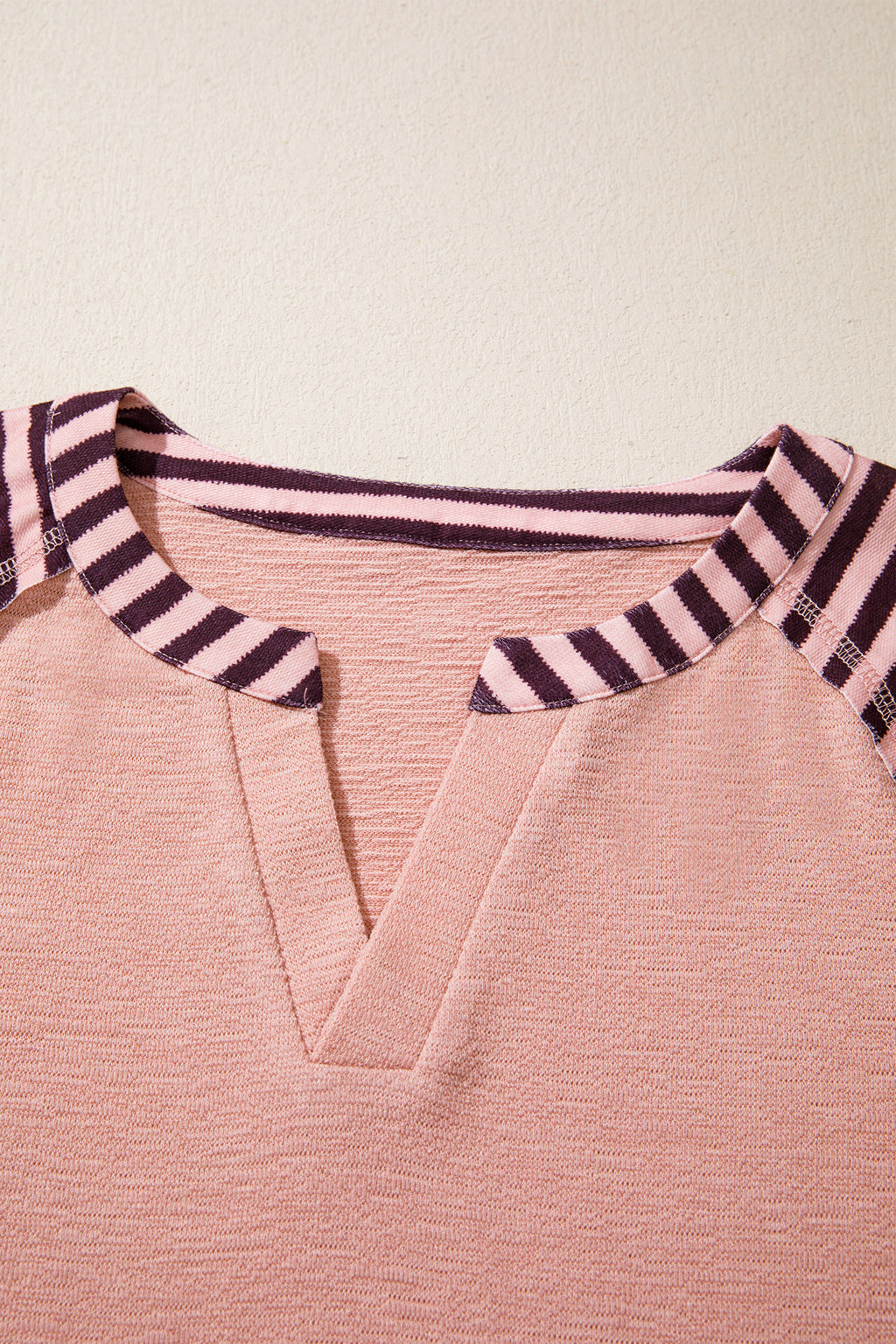 Light Pink V Neck Colorblock Patchwork Striped Floral Long Sleeve Casual Top
