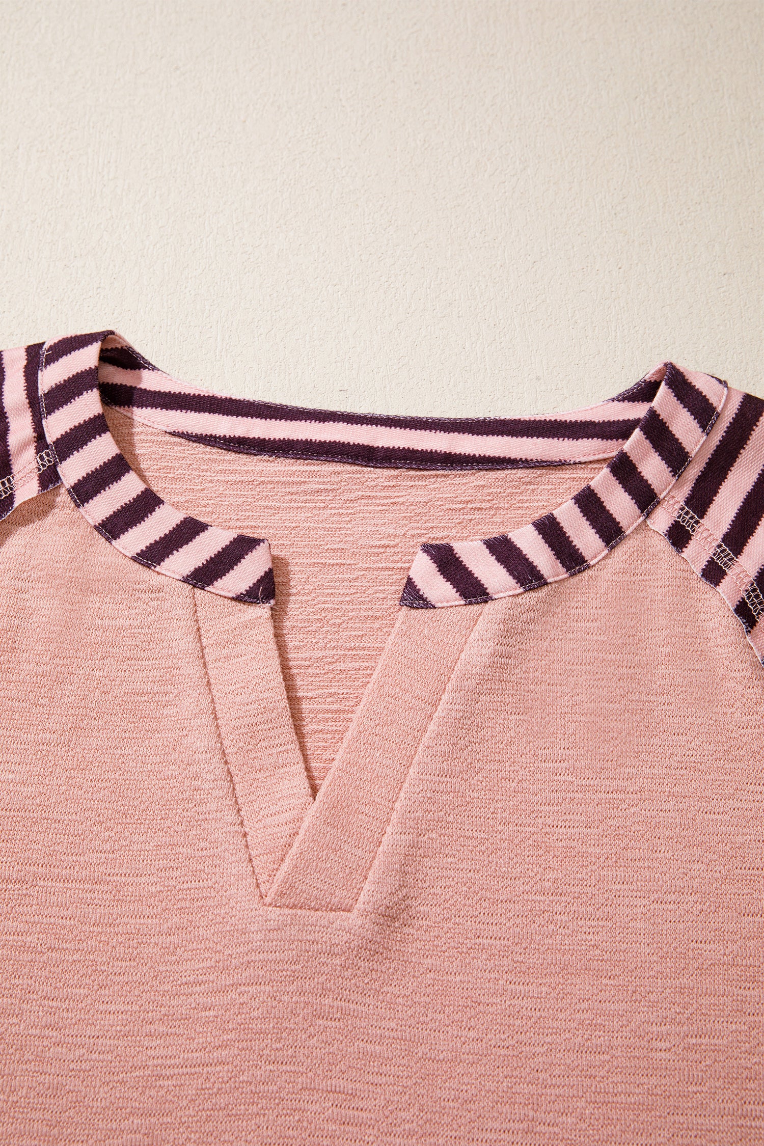 Light Pink V Neck Colorblock Patchwork Striped Floral Long Sleeve Casual Top