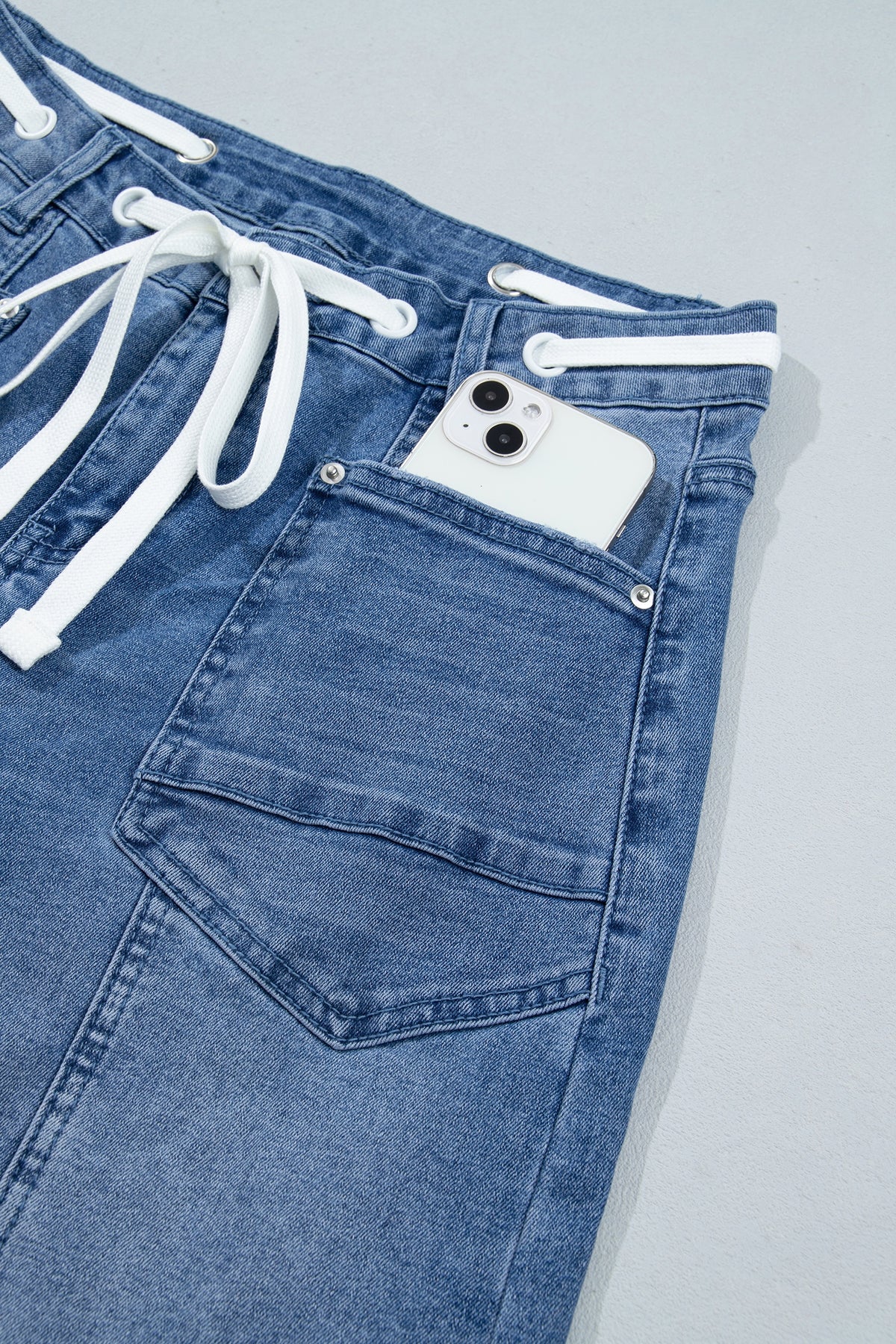 *Beau Blue Solid Patchwork Grommet Tie Waist Loose Ankle-Length Jeans
