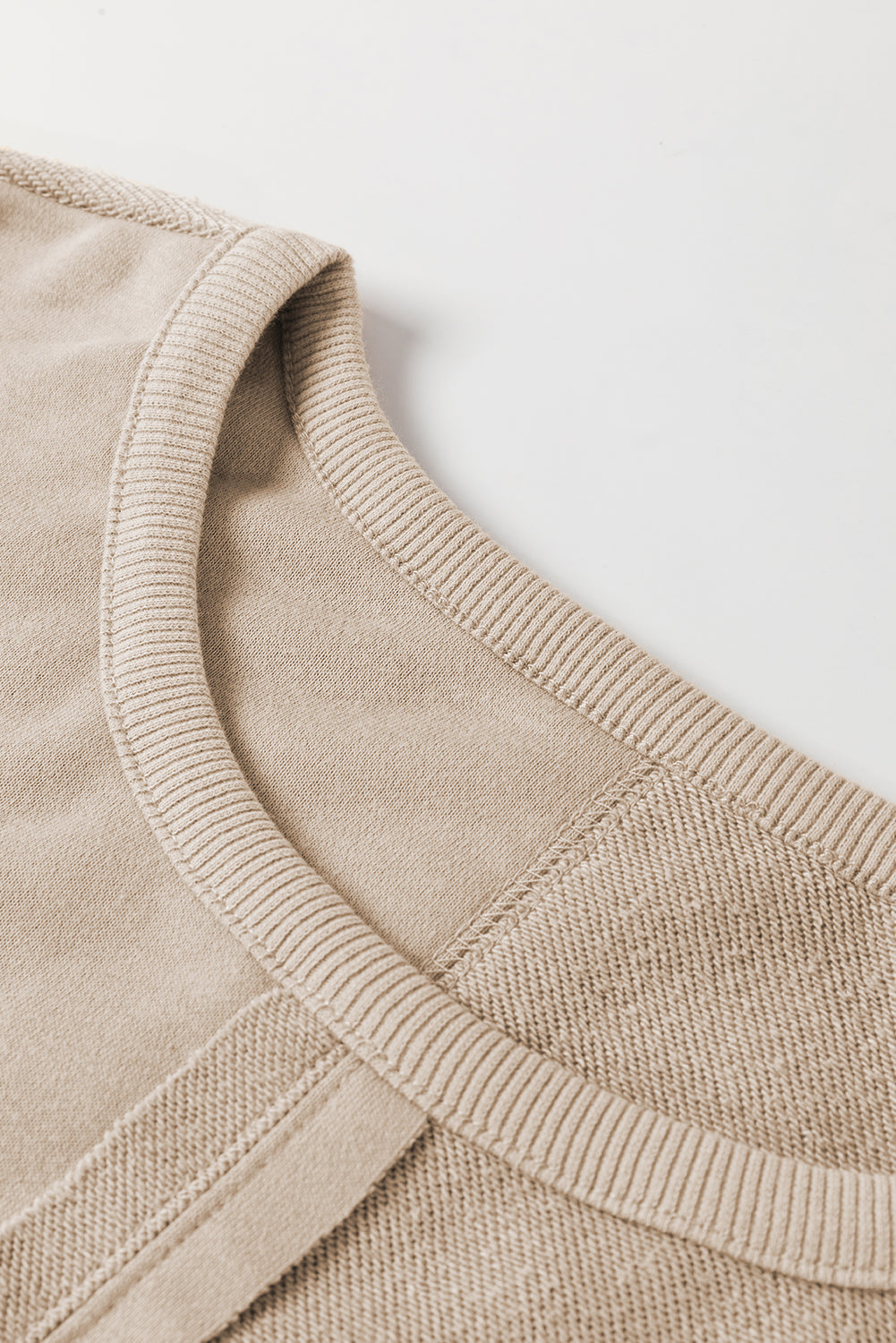*Parchment Knit Crochet Exposed Seam Ribbed Trim Sweatshirt