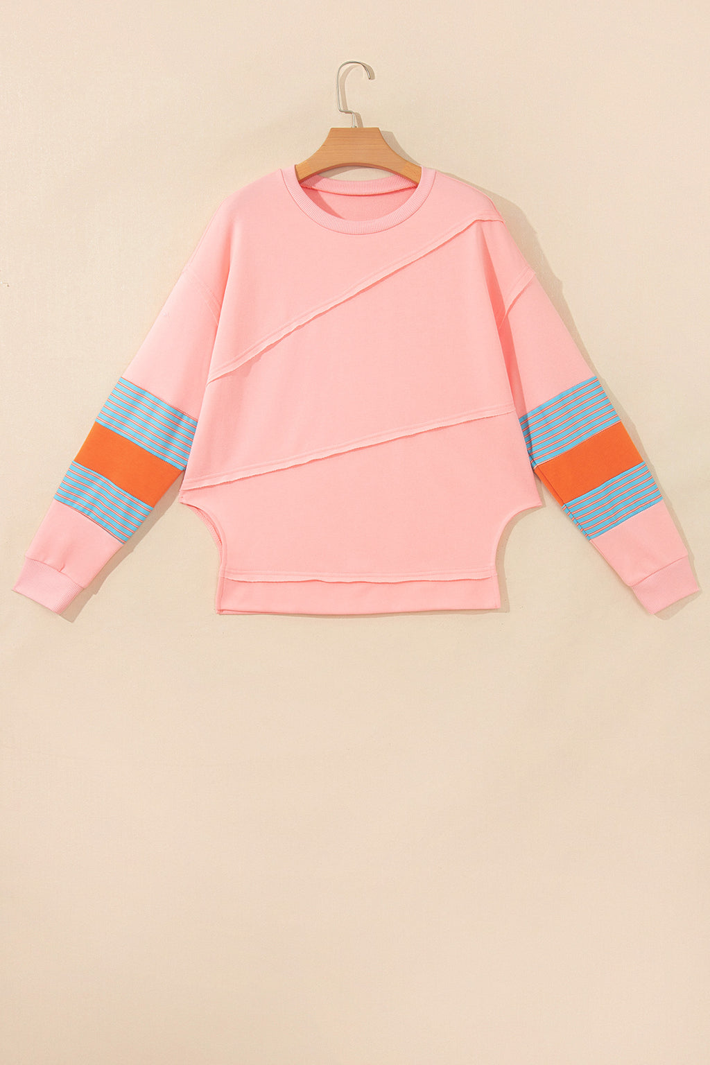 *Pink Colorblock Striped Patchwork Long Sleeve Round Neck Blouse