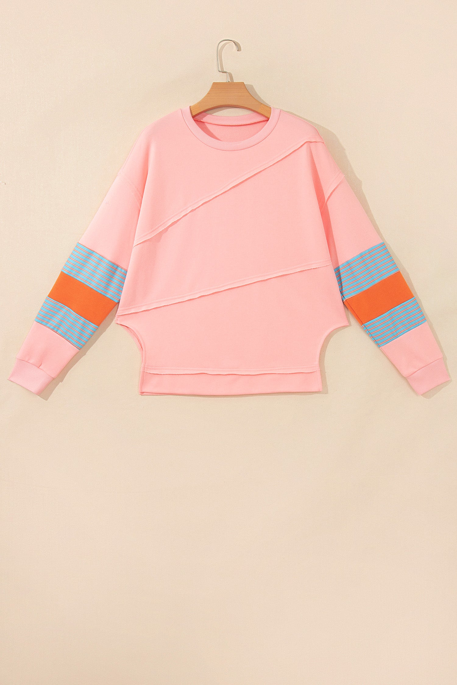 *Pink Colorblock Striped Patchwork Long Sleeve Round Neck Blouse