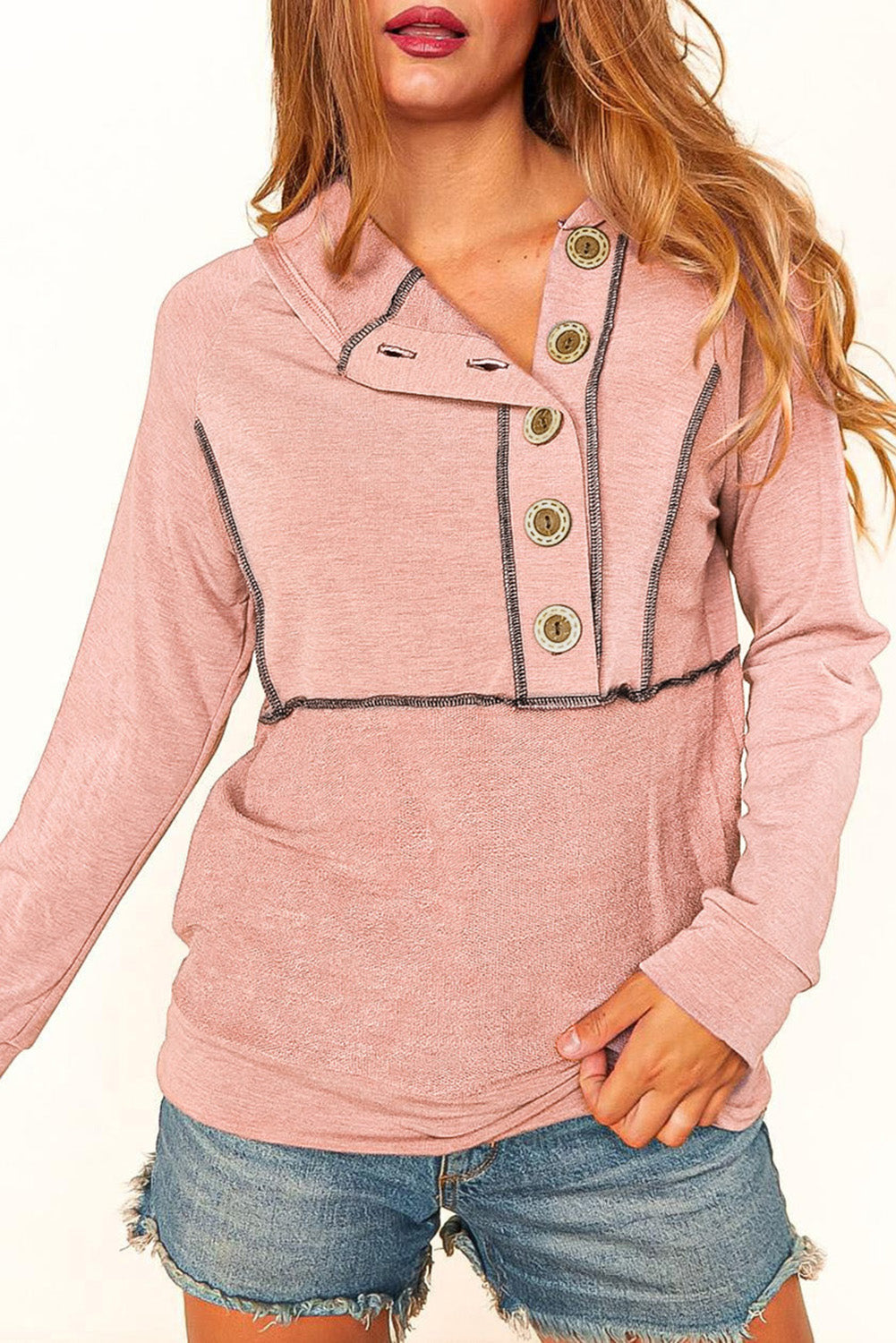 *Pink Buttons Front Princess Line Out Seam Hoodie