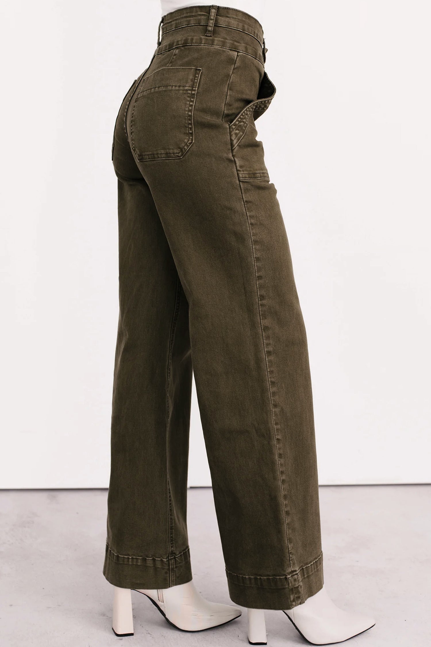 *Jungle Green Double Waistband Loose Straight Jeans