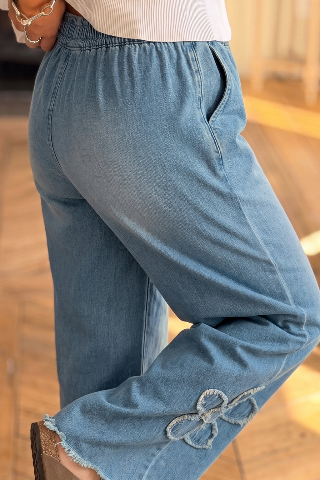 *Beau Blue Frayed Floral Patch Wide Leg Raw Hem Wide Leg Jeans