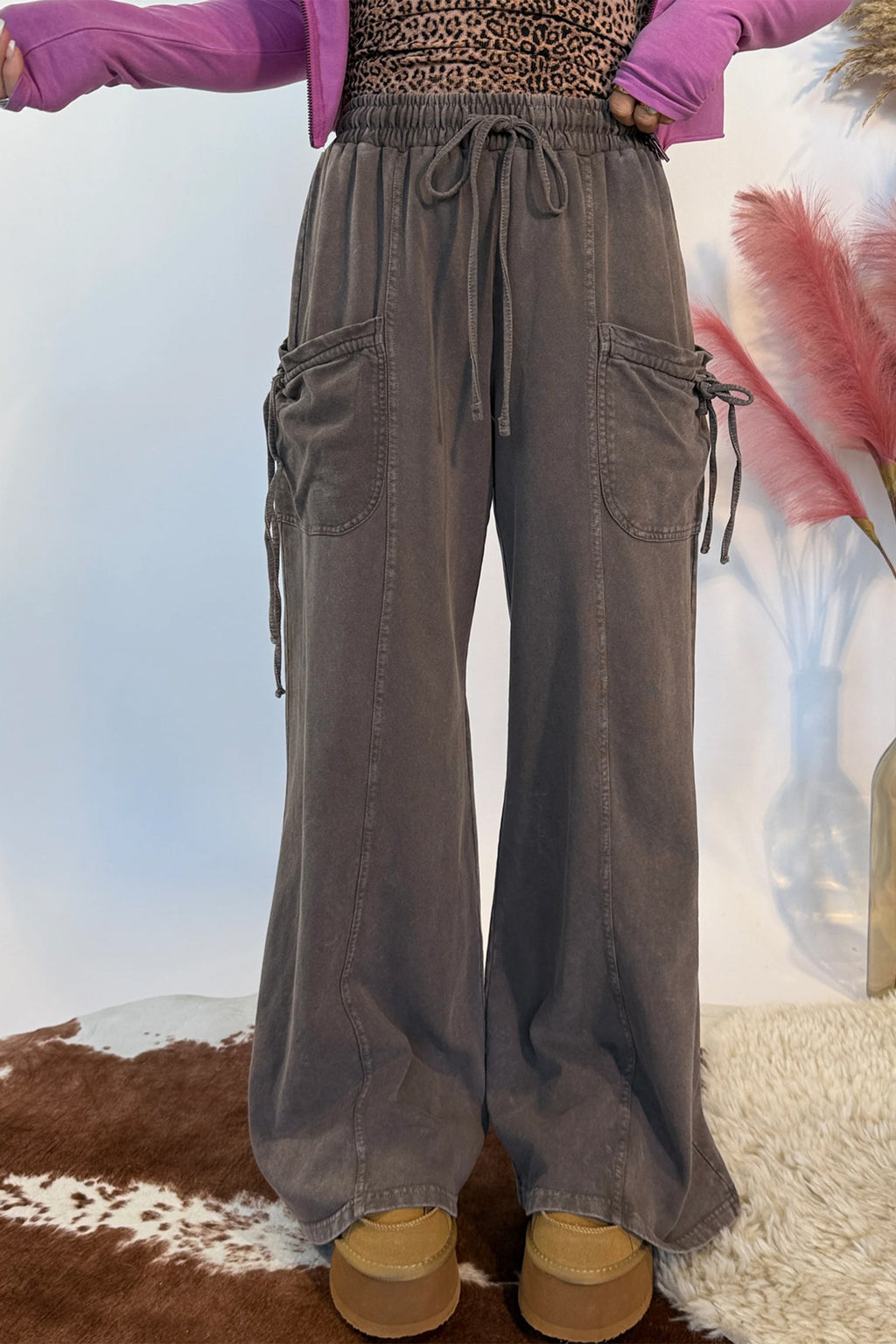 *Dark Brown Cotton Mineral Wash Elastic Waist Drawstring Tie Detail Cargo Pants