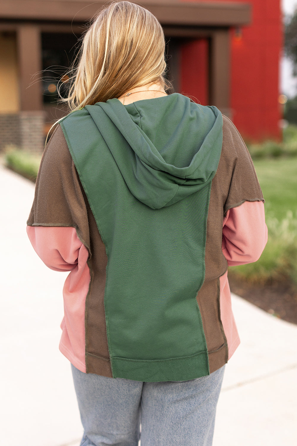 *Green Plus Size Colorblock Patchwork V Neck Hoodie