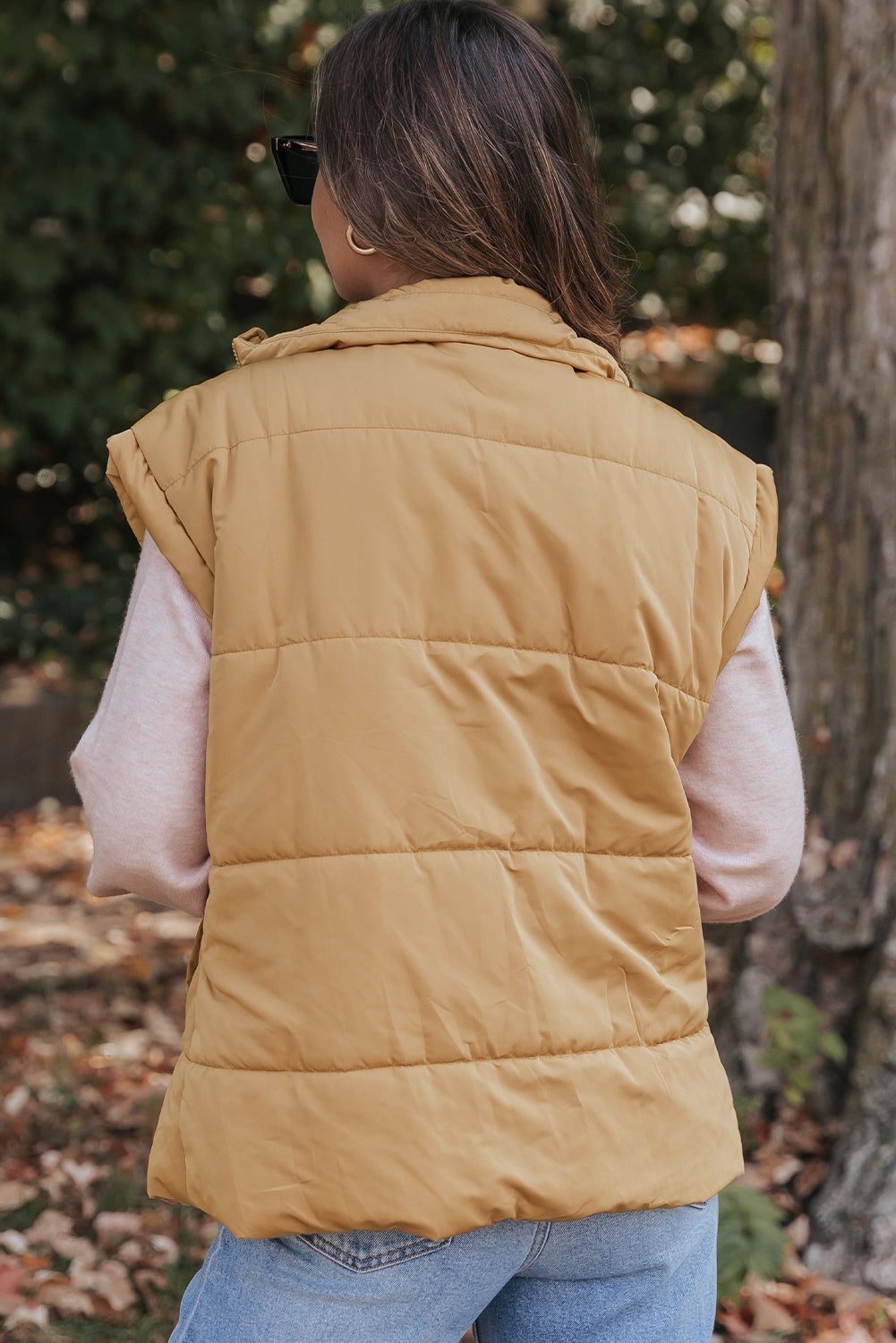 *Khaki Oversized Stand Collar Zip Winter Vest