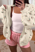 *Beige Cozy Duck Print Zip-Up Hoodie