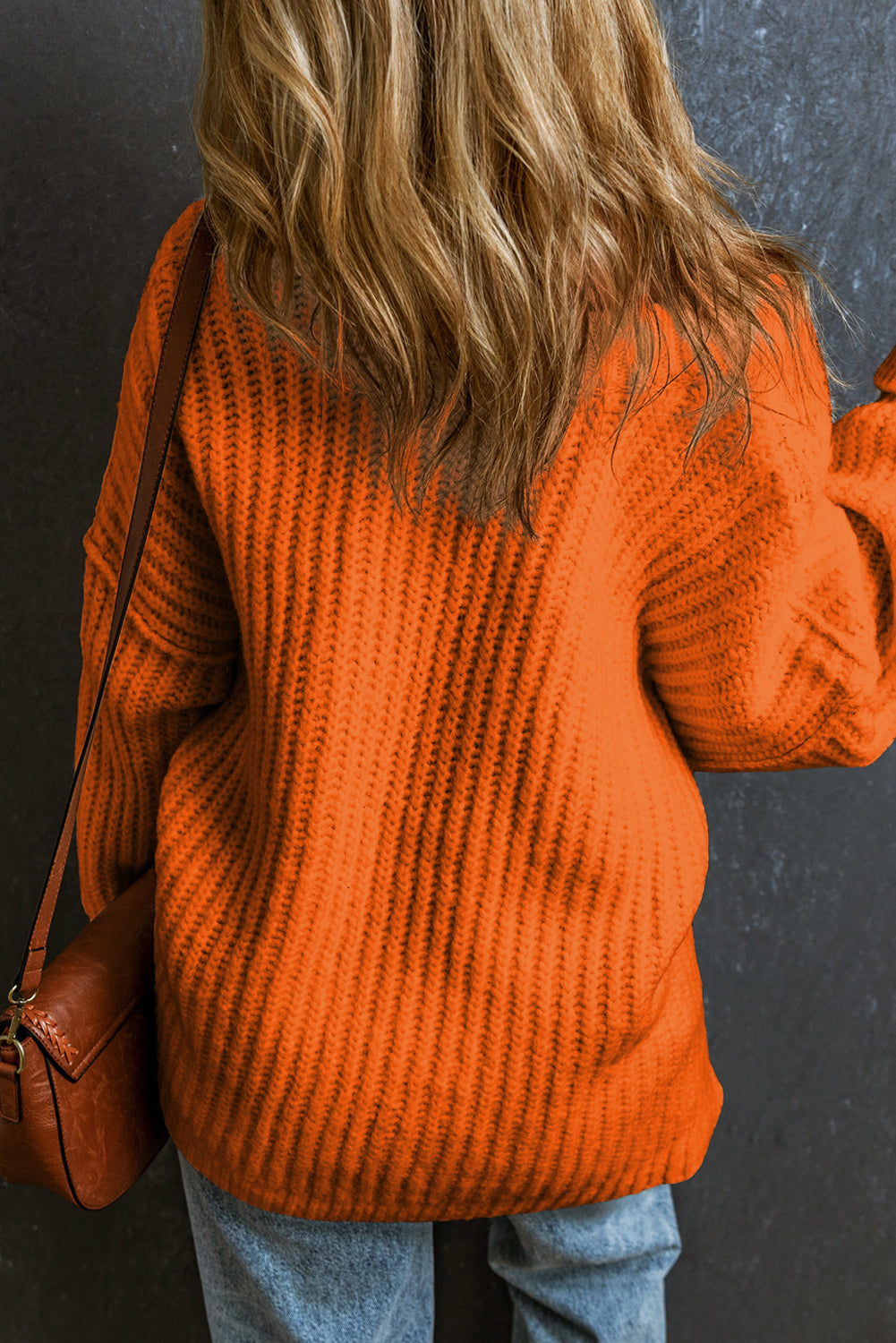*Orange Ribbed Knit Round Neck Slouchy Chunky Sweater