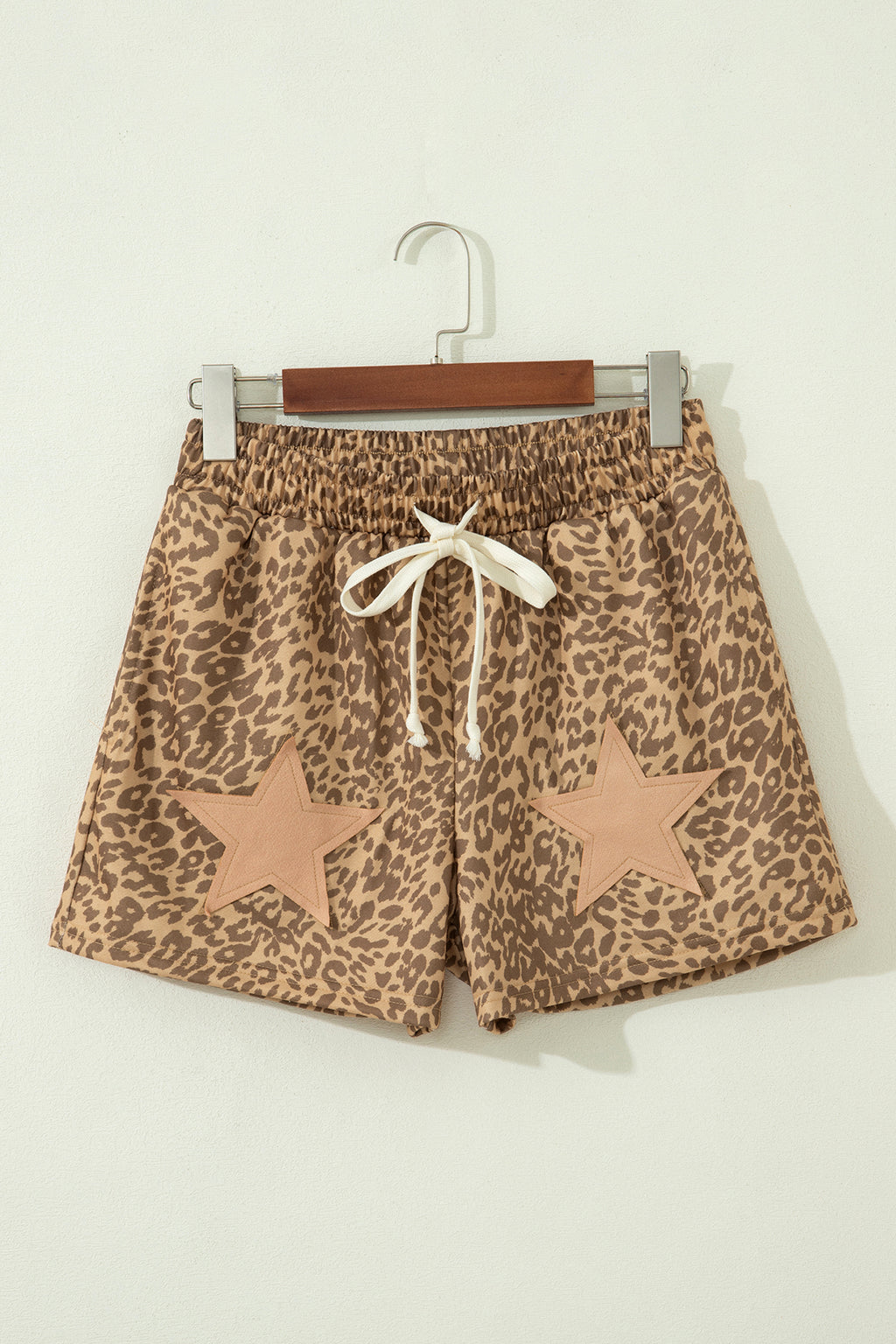*Khaki Leopard Drawstring Elastic Waist Star Patched Shorts