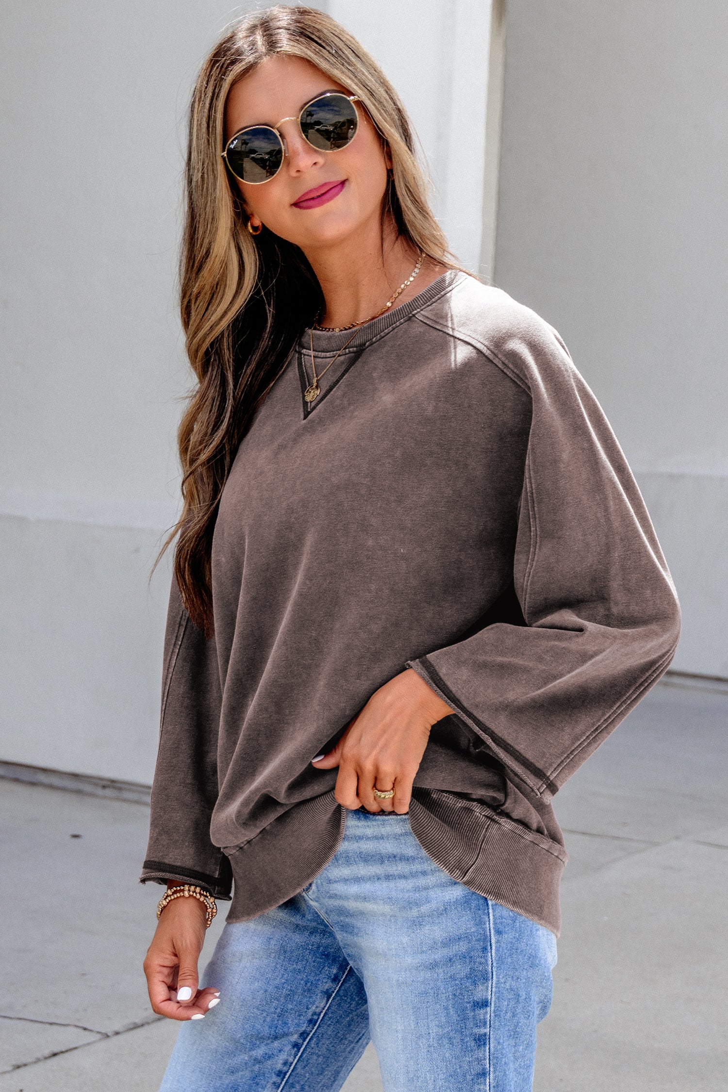 *Dark Brown 3/4 Sleeve Mineral Wash Loose Cotton Top
