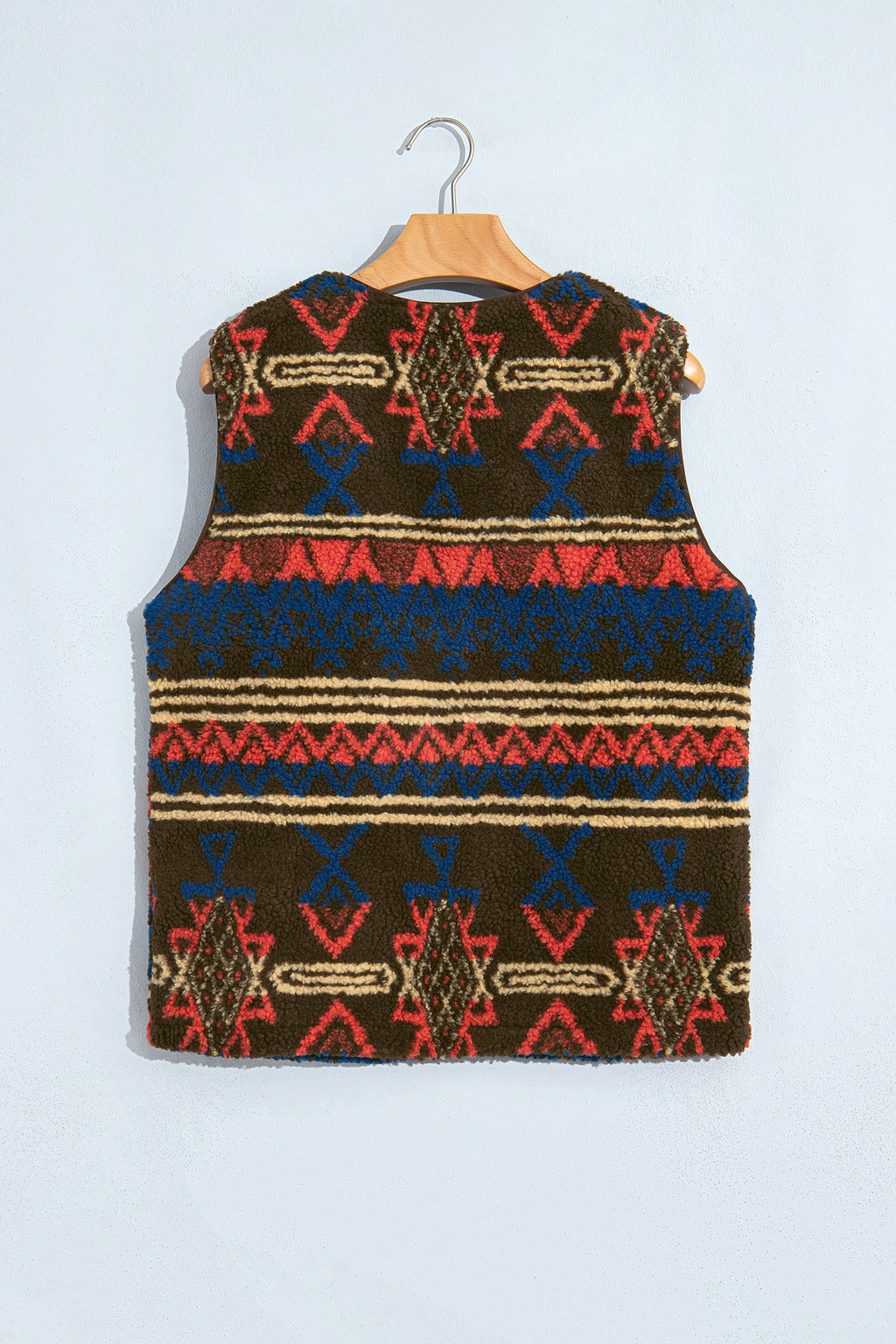 *Multicolour Western Print Faux Fur Metal Zipper Insert Pockets Sleeveless Vest