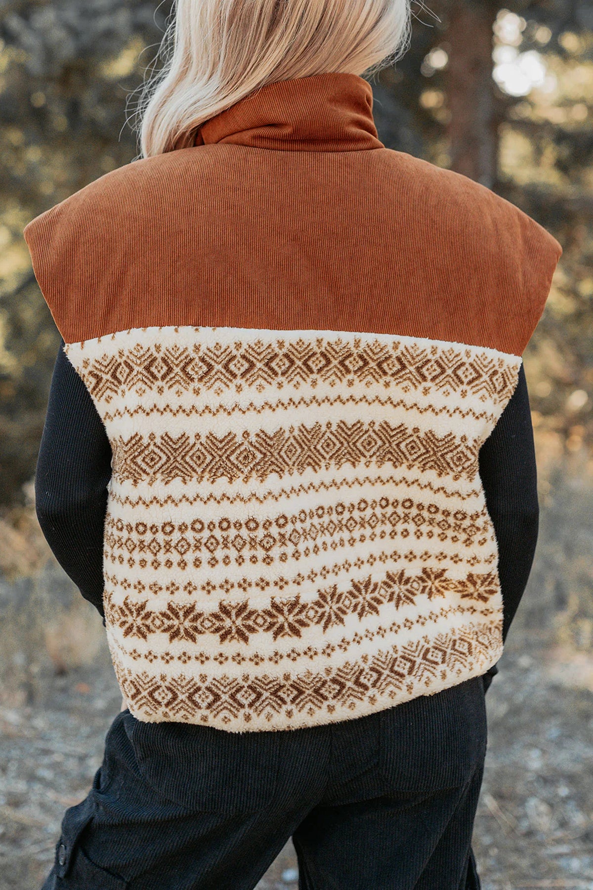 *Brown Geometric Print Fleece Metal Zipper Collar Patchwork Design Vest