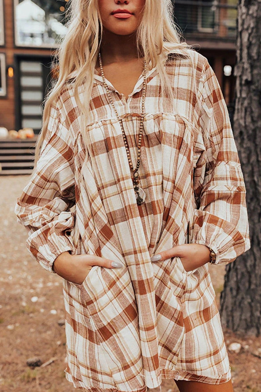 *Brown Plaid Print Side Pockets Frilled Babydoll Mini Dress