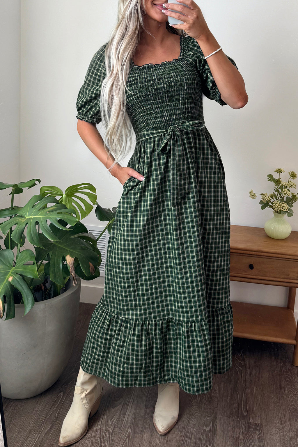 *Green Plaid Square Neck Shirred High Waist Ruffle Hem Dress
