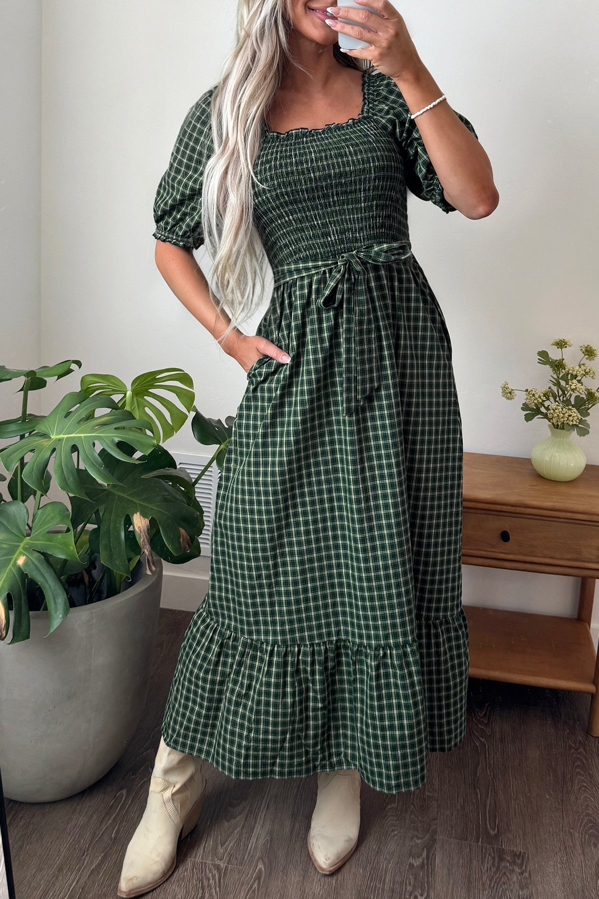 *Green Plaid Square Neck Shirred High Waist Ruffle Hem Dress