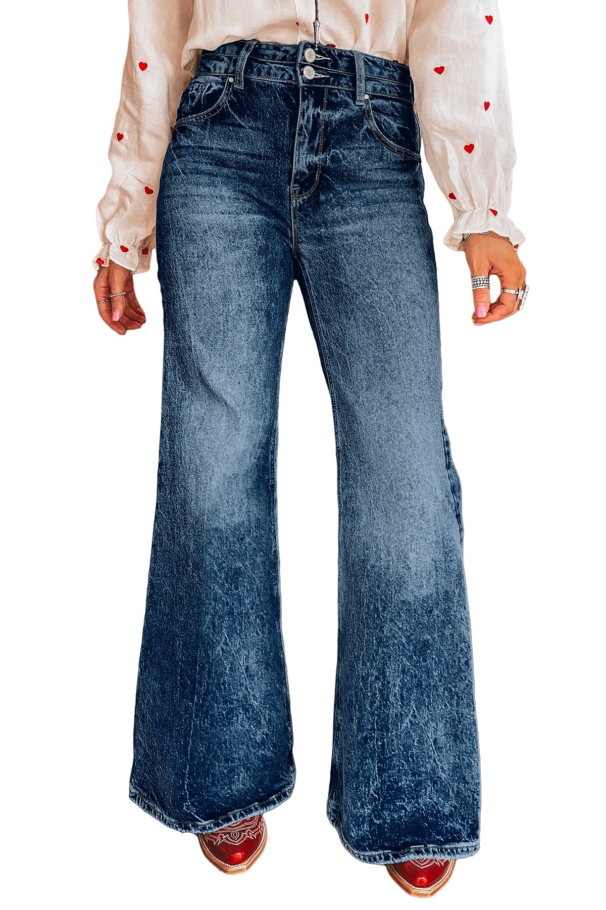 *Sail Blue Acid Wash Pocket Detail Flare Jeans