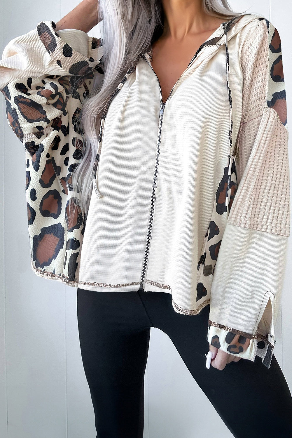 *Apricot Oversized Leopard Contrast Mixed Texture Patchwork Zip Up Drop Shoulder Hoodie