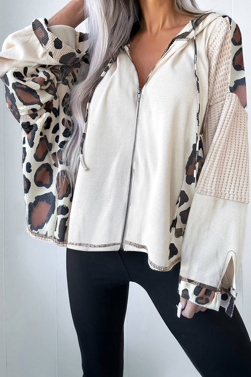 *Apricot Oversized Leopard Contrast Mixed Texture Patchwork Zip Up Drop Shoulder Hoodie