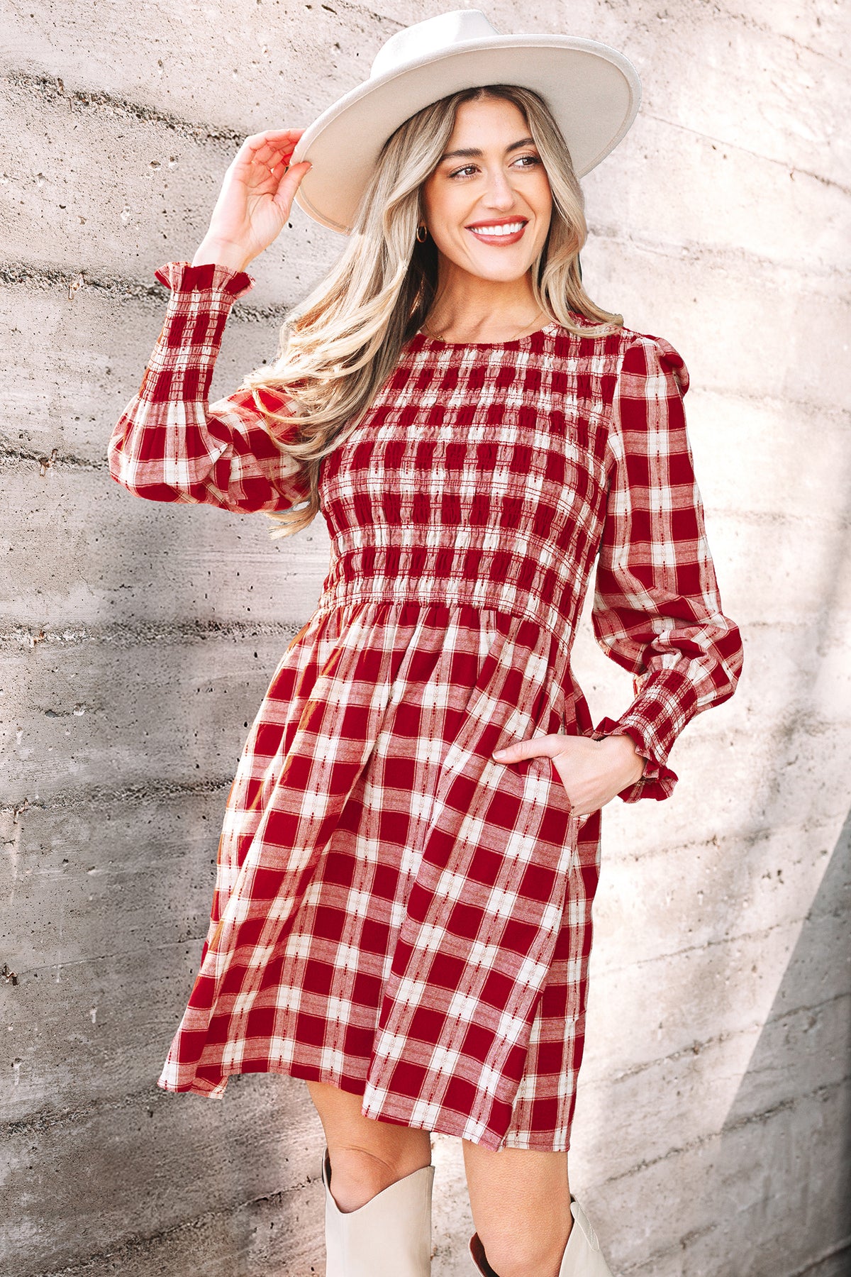 *Red Plaid Print Smocked Puff Sleeve Mini Dress