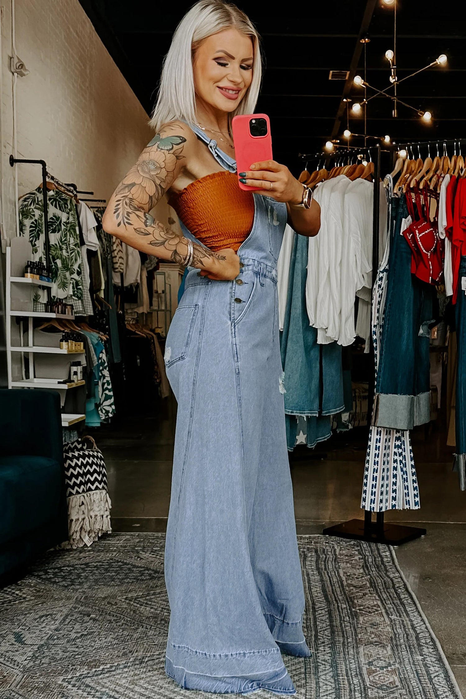*Mist Blue Retro Distressed Button Adjustable Straps Denim Overall Jumpsuit