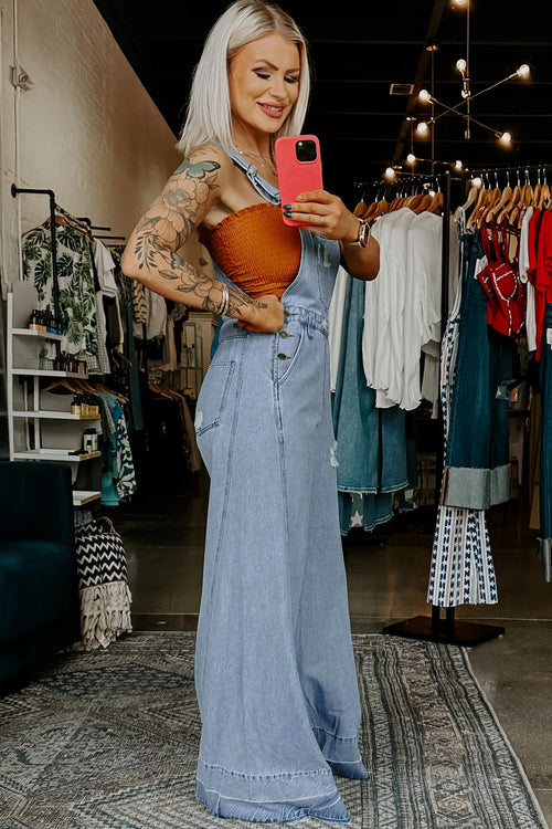 *Mist Blue Retro Distressed Button Adjustable Straps Denim Overall Jumpsuit