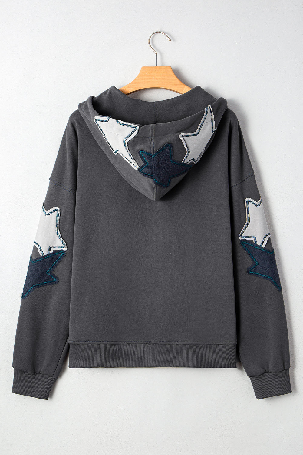 *Carbon Grey Star Patchwork Contrast Stitching Mineral Wash Kangaroo Pocket Vintage Hoodie