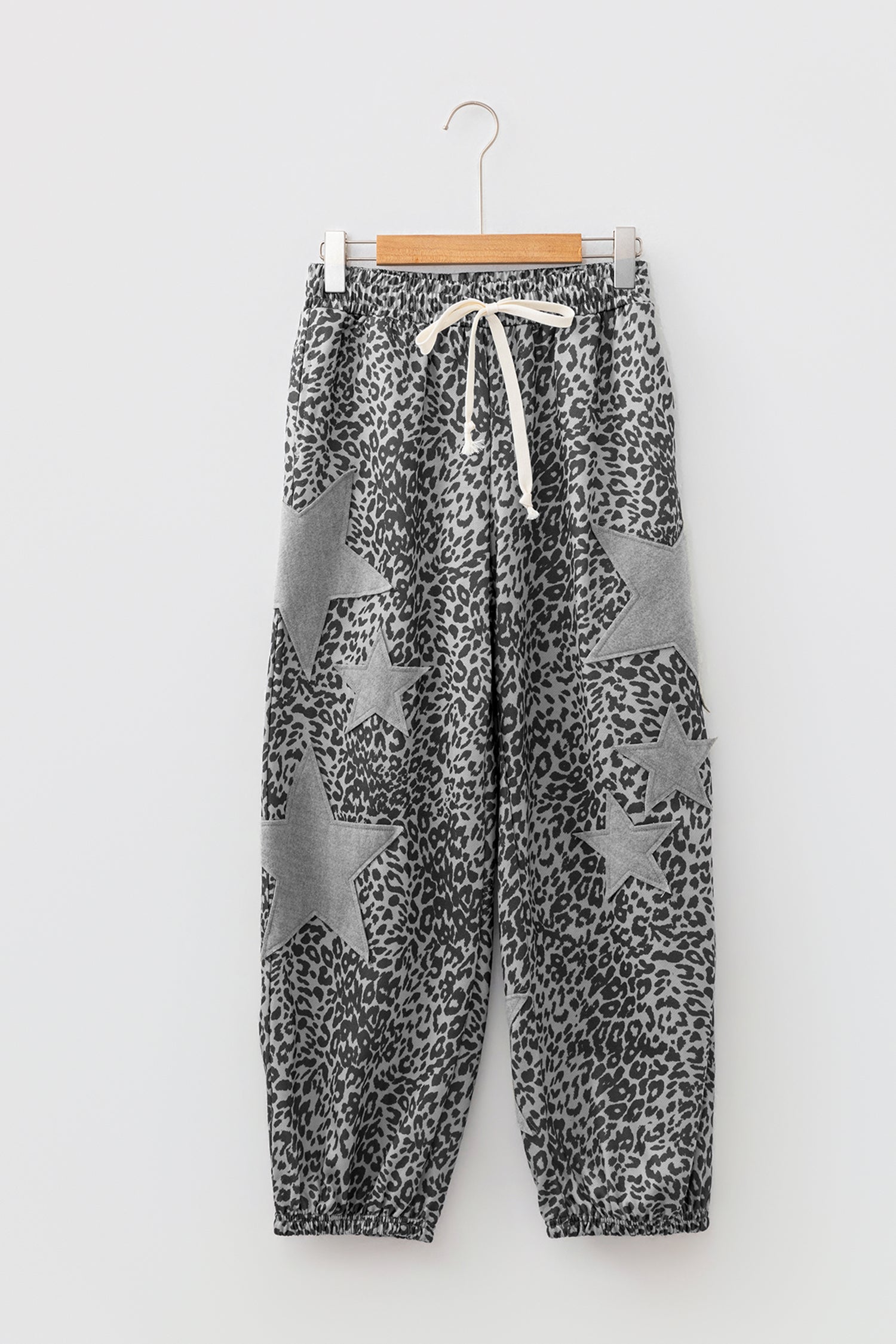 *Gray Leopard Print Star Patched Drawstring Elastic Waist Jogger Pants