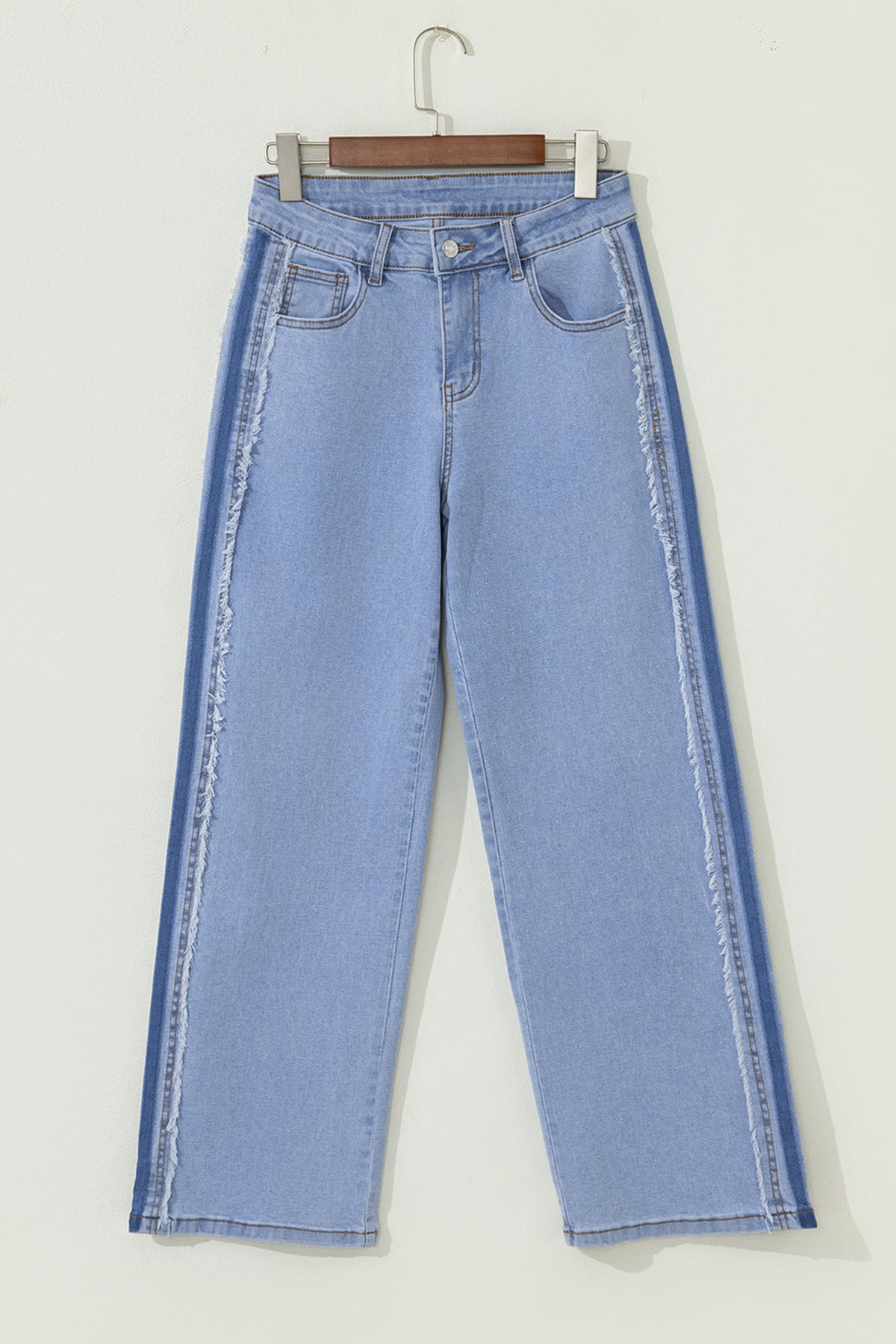 *Beau Blue Contrast Stripe Frayed Side Panel Patchwork Shift Jeans