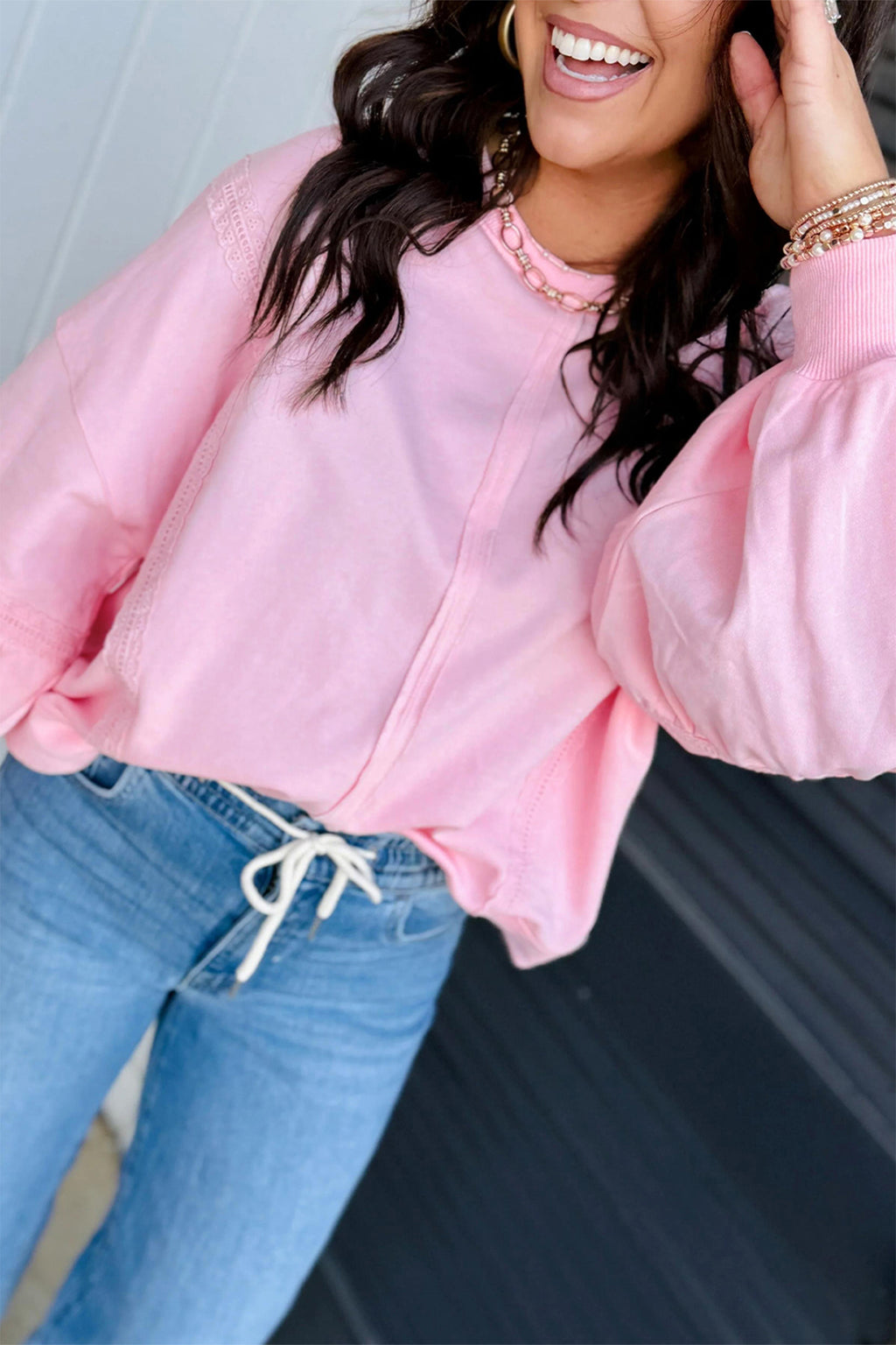 *Parchment Solid Color Raw Seam Lace Detail Loose Casual Sweatshirt