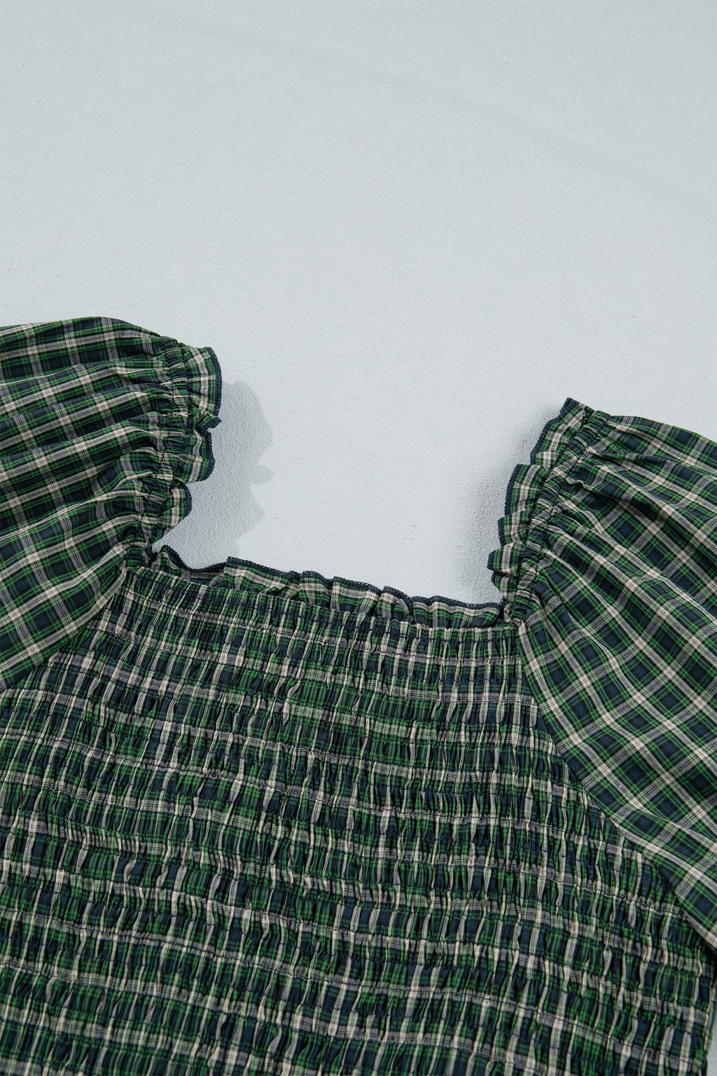 *Green Plaid Square Neck Shirred High Waist Ruffle Hem Dress
