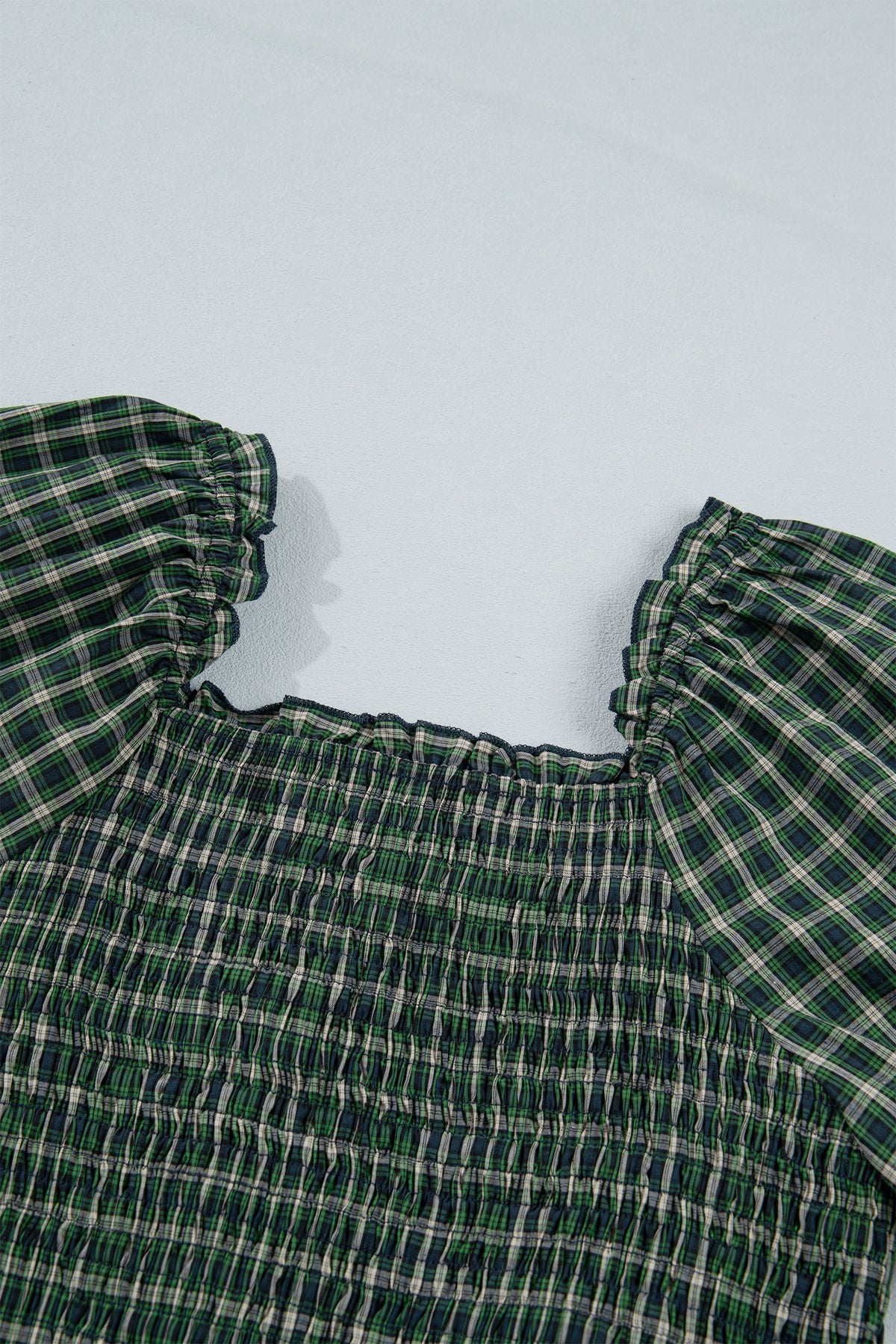 *Green Plaid Square Neck Shirred High Waist Ruffle Hem Dress