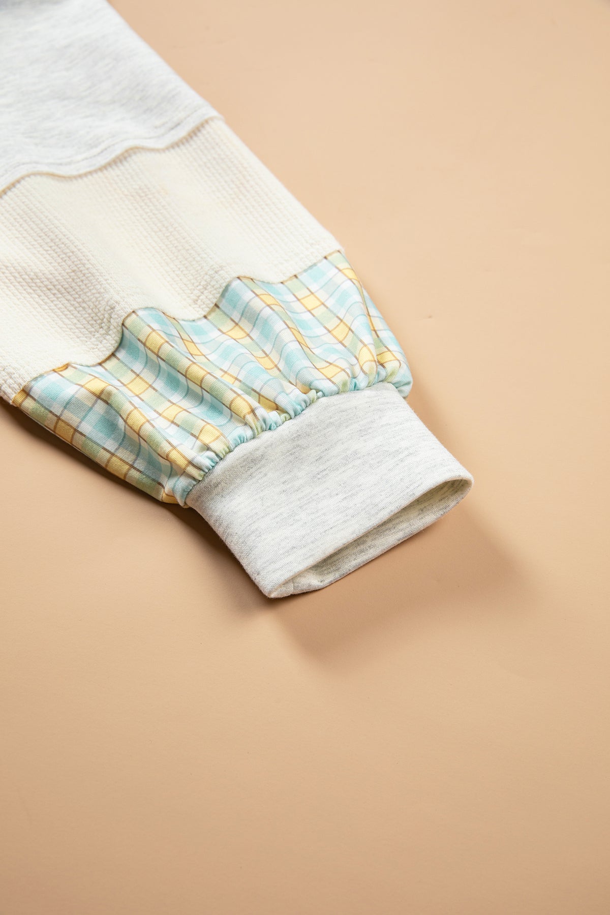 *Light Blue Plaid Patchwork Round Neck Long Sleeve Top