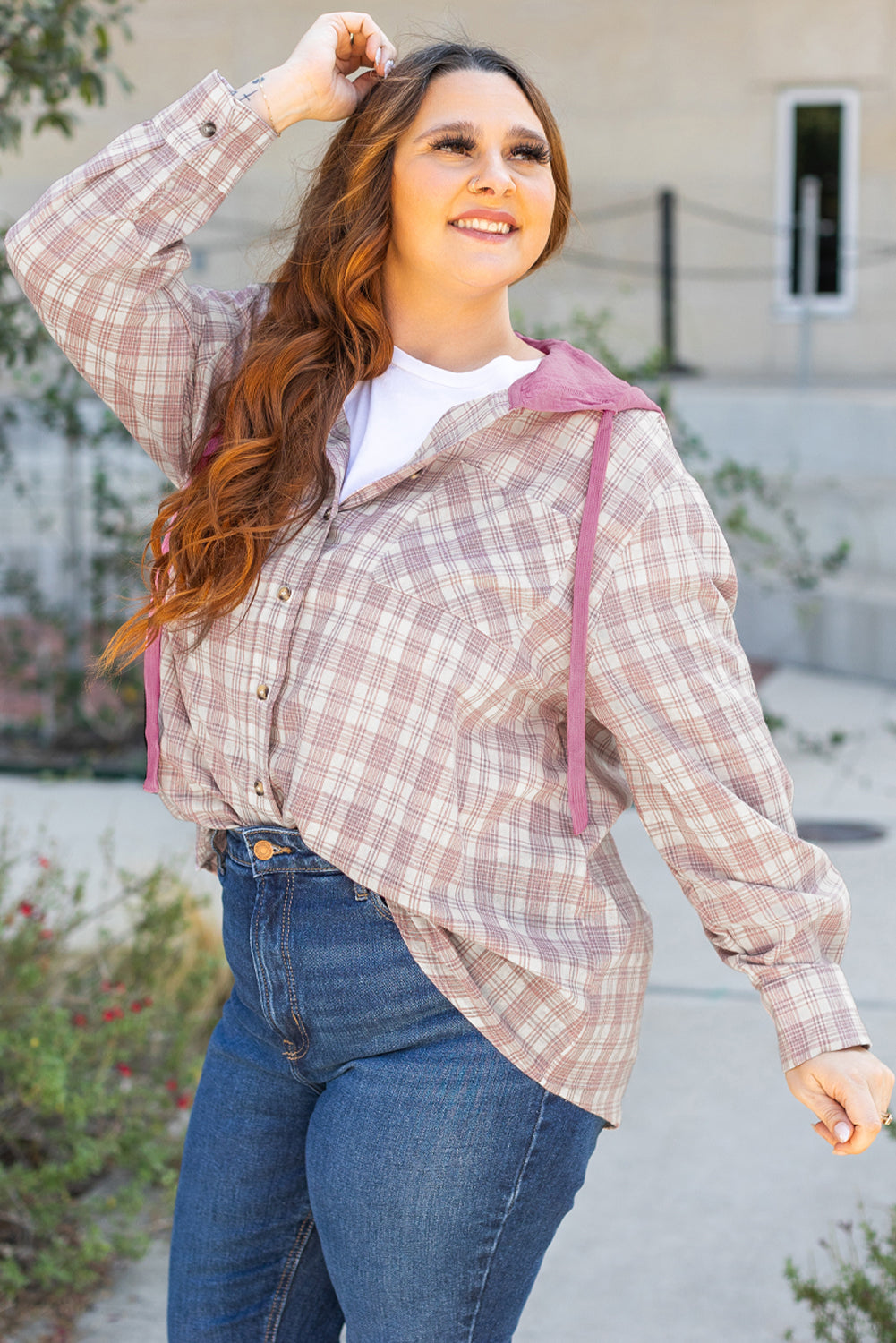 *Bonbon Plaid Print Drawstring Hooded Button-up Plus Size Shirt